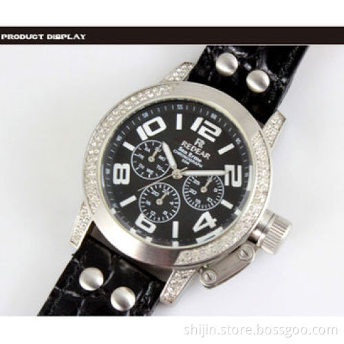 Three-eye Stainless Steel Watch with Genuine Leather Band for Men